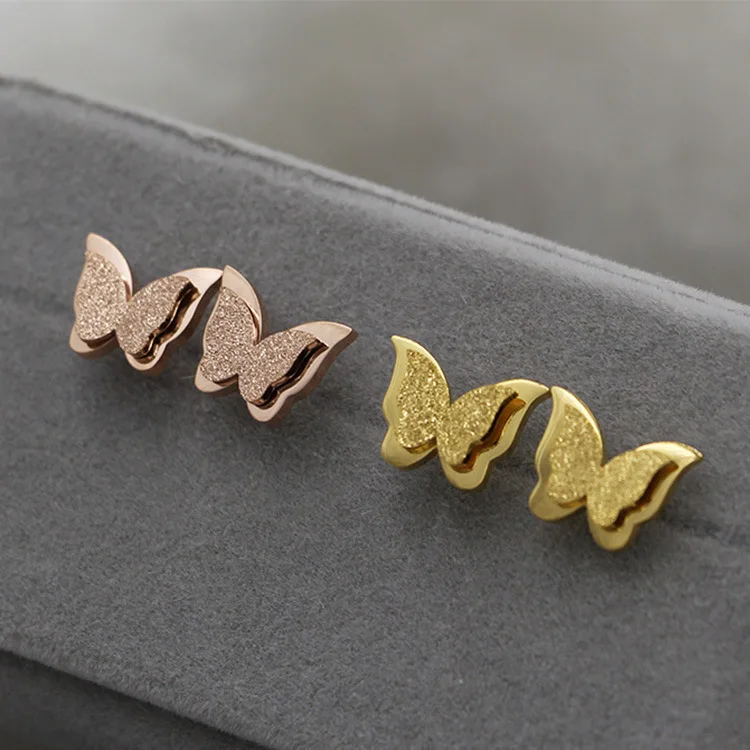 

Hot Sale Fashion Jewelry Stainless Titanium Rose Gold Matte Butterfly Earrings For Women Love Rings Wholesale