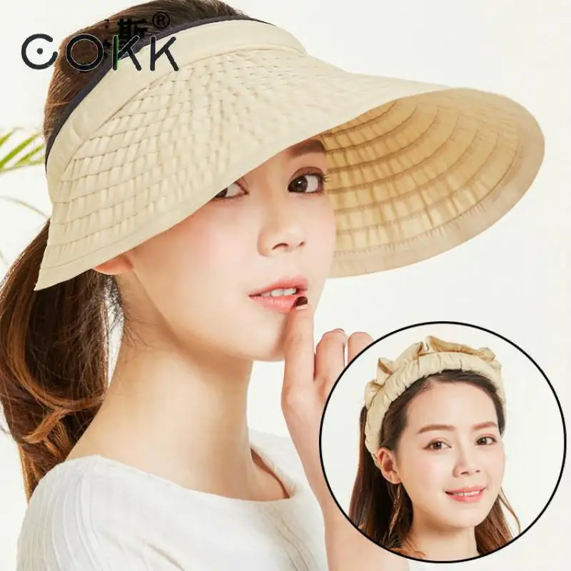 

COKK Summer Hats For Women Big Wide Brim Empty Top Lady Hat Sunscreen Sun Visor Sun Hat Beach Cap Outdoor Cycling Portable New