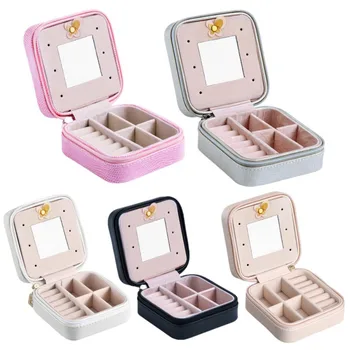 

Women's Mini stud earrings rings Jewelry Box Useful Makeup Storage Organizer Zipper Portable Leather Jewelry Storage Box
