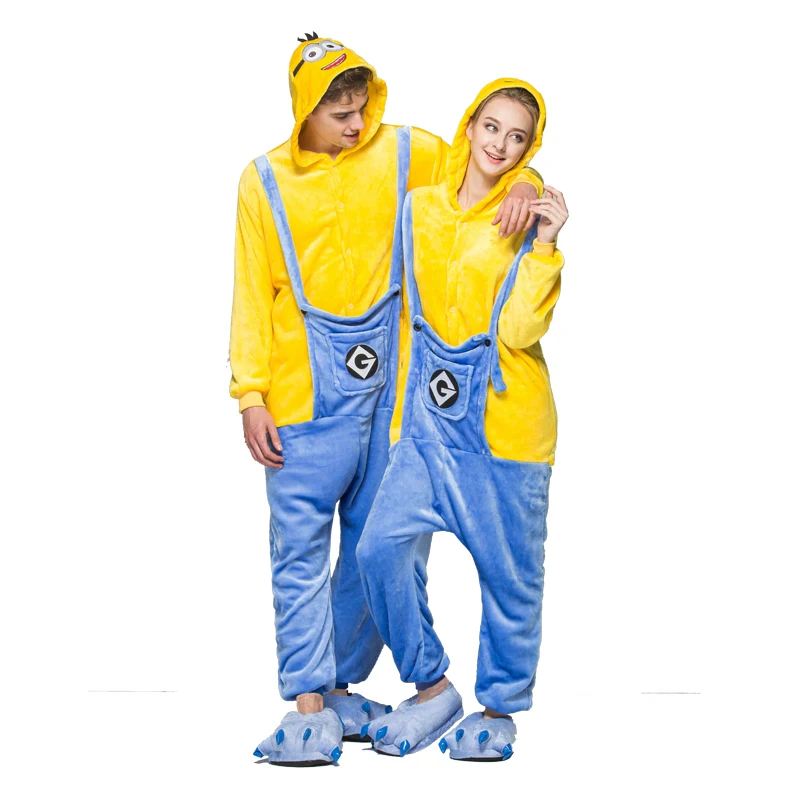 Для взрослых для женщин Onesie унисекс кигуруми комбинезон пижамы мультфильм костюм Миньона вечерние костюм Фланелевая пижама пара рубашк