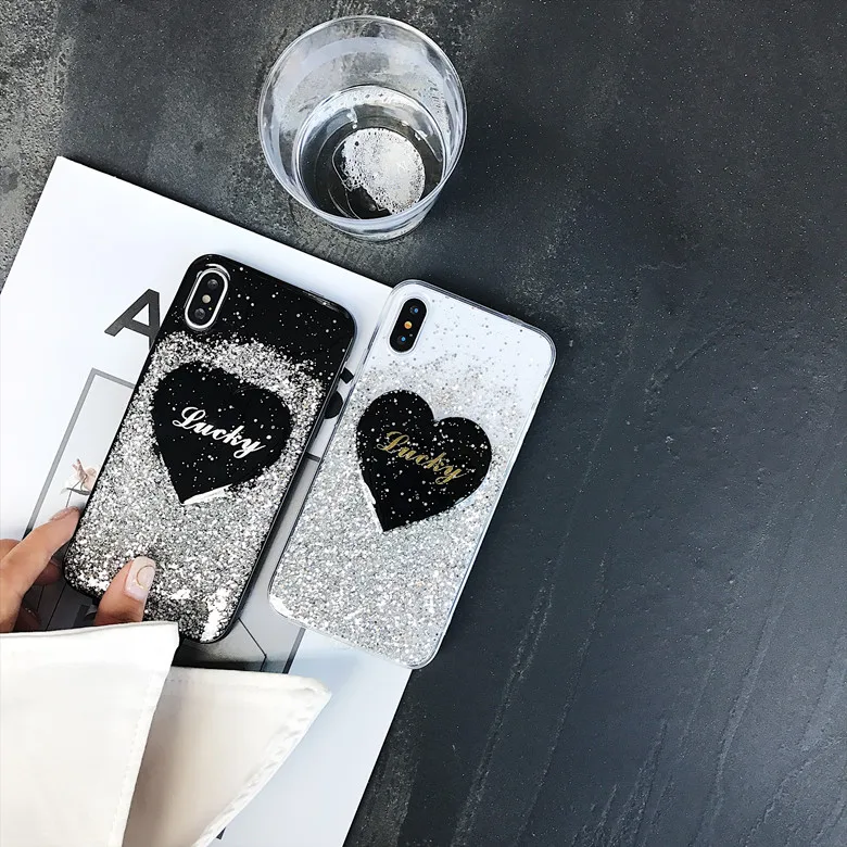 

10pcs/lot Lucky Korea Shiny Silver Foil Heart Glitters Soft TPU Back Cover Case For iPhoneX 8/6s 7plus Skin Shell Protection