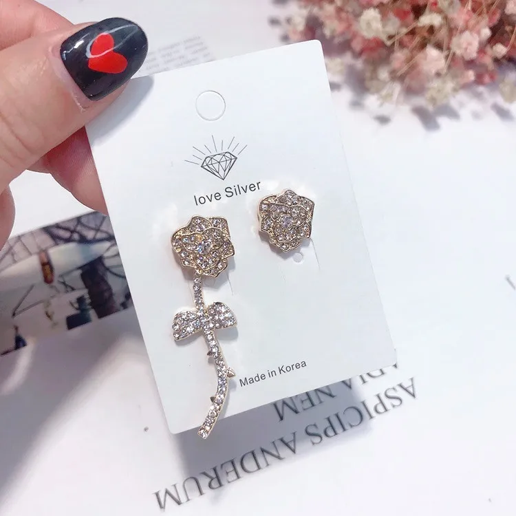 golden rose full CZ asymmetric earring 925 silver pin Hypoallergenic fadeless fashion jewelry stud earrings for women girl gift