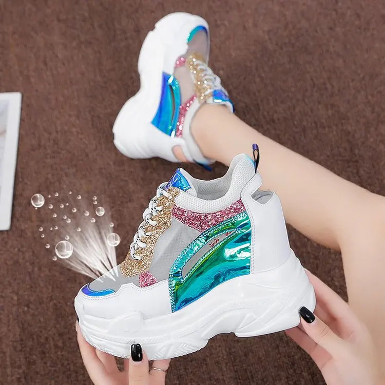 

2019 Women Fashion Increased 6cm Chunky Sneakers Girls Brand Glitter Wedges Shoes Lady Mesh Comfortable Shoes A10-55