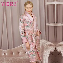 YIER бренд осень женский шелковый халат с длинным рукавом кимоно пижамы Шелковый женский халат утолщенный шелковый халат