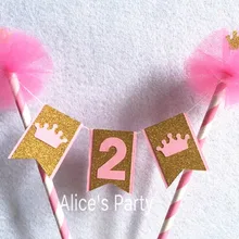 Изготовленный на заказ номер 2 баннеры для торта девочка два года для именинного пирога Топпер розовая пряжа помпон реквизит для фотографий Золотая Корона возраст булочки