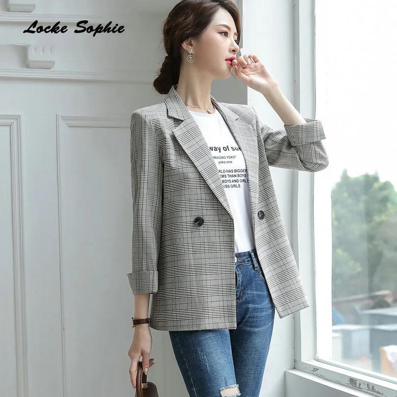 1pcs Women's Plus size Slim fit Blazers coats 2019 Autumn cotton blend plaid Small Suits jackets ladies Skinny Blazers Suits