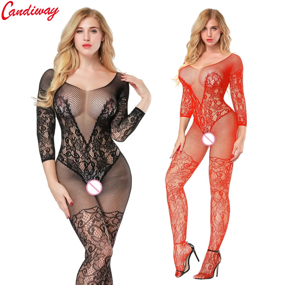 Candiway Sexy Teddy Bodystockings Hollow Out Open Crotch Stockings Fishnet Mesh Erotic Bodysuit Erotic Lingerie Intimates