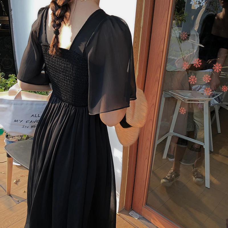 Black Корейский стиль симпатичное шифоновое платье для женщины с коротким рукавом квадратный воротник с завышенной талией из растягивающейся ткани Летний женское Макси-платье - Цвет: Black