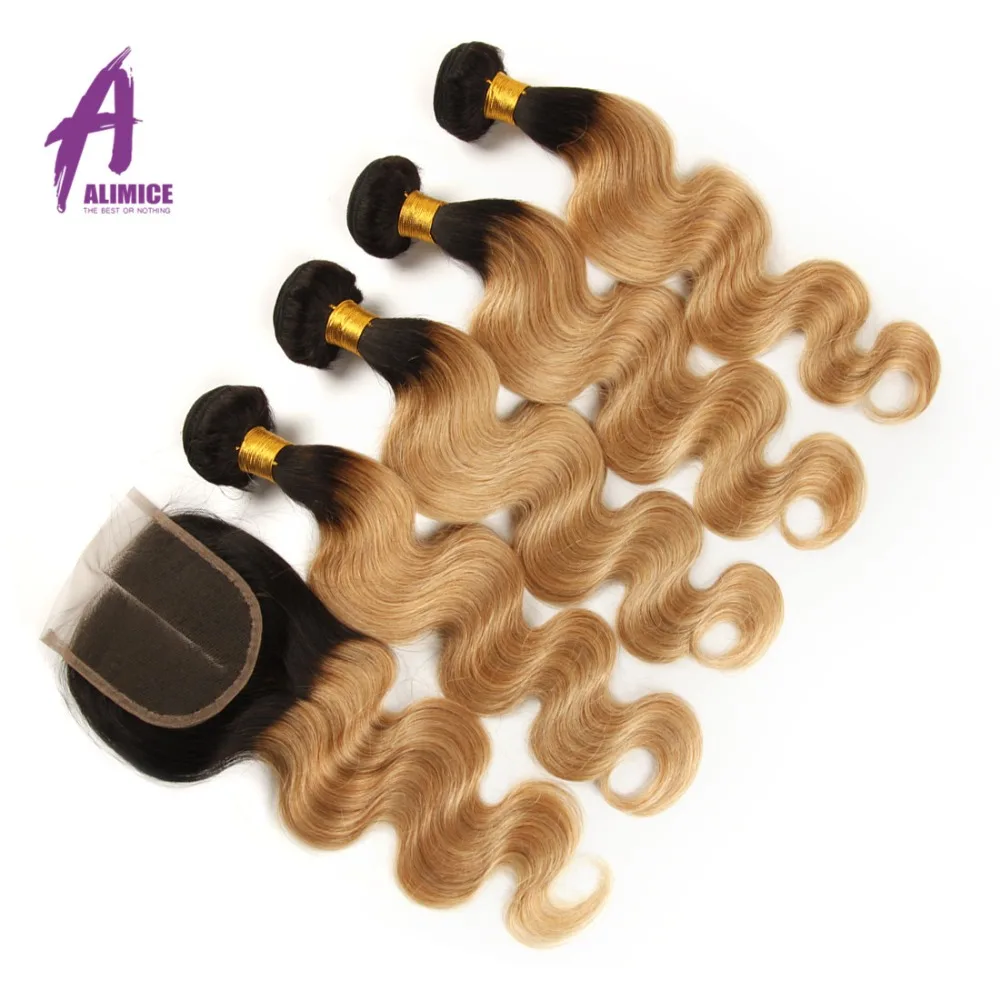 Alimice Indian Body Wave T1B27 Honey Blonde Ombre Hair 234 Bundles With Closure Remy Human Hair Weave Bundles With Closure (4)