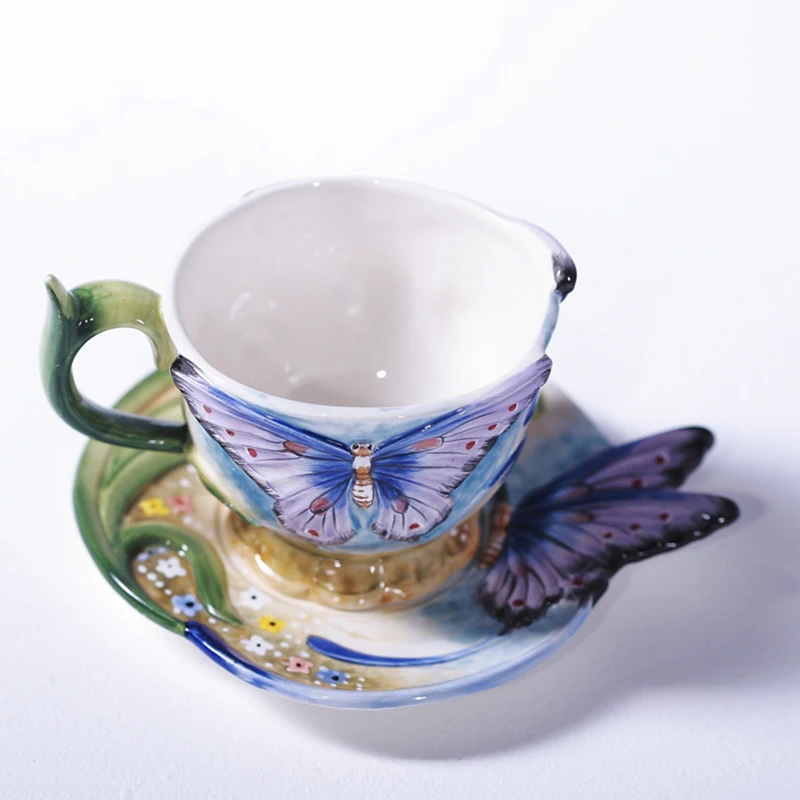 Новейшая 3D кофейная чашка из костяного фарфора с голубой бабочкой с блюдцем, чайная чашка, керамическая чашка, чашки для завтрака, молока, лучший подарок для влюбленных