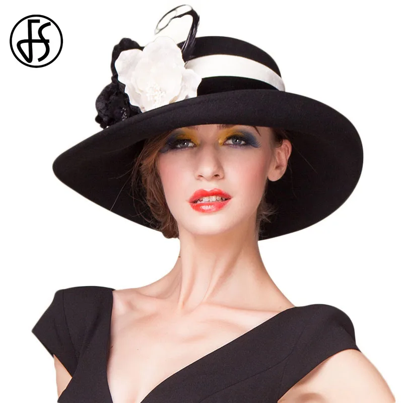 FS британская фетровая шляпа с широкими полями, Женская винтажная черная белая фиолетовая шерстяная церковная шляпа, женская элегантная шляпа-котелок