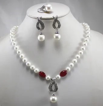 

Hot sell free shipping ~~ wedding jewelry set!Wholesale simple and noble Women's white pearl Necklace earring ring(7/8/9) set #2