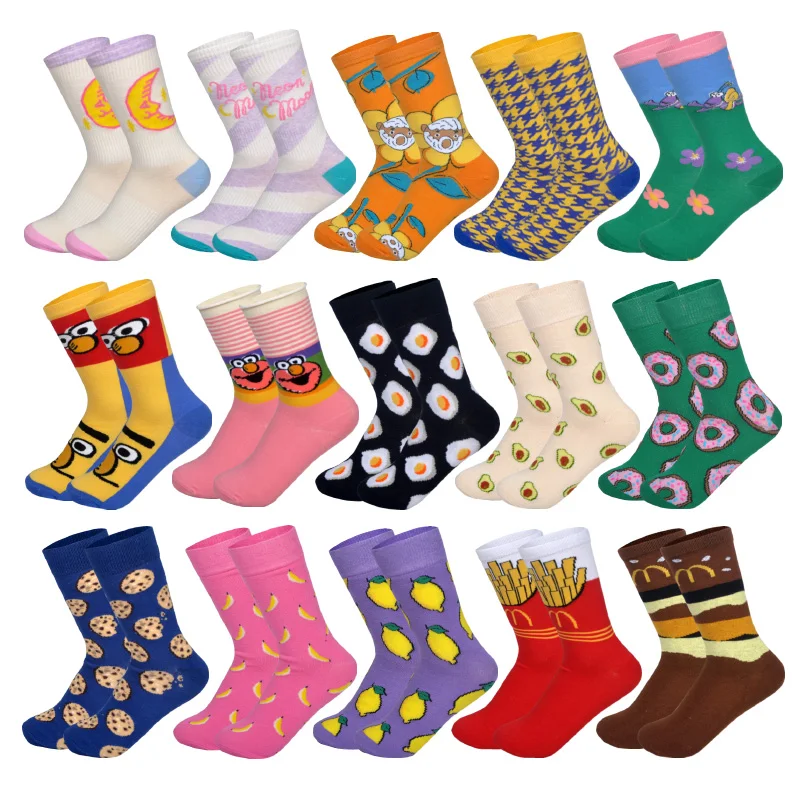 

LIONZONE Spring Autumn New Women Colorful Happy Socks 15 Colors Pouch Eggs Lemon Banana Moon Cola Cartoon Cotton Funny Socks