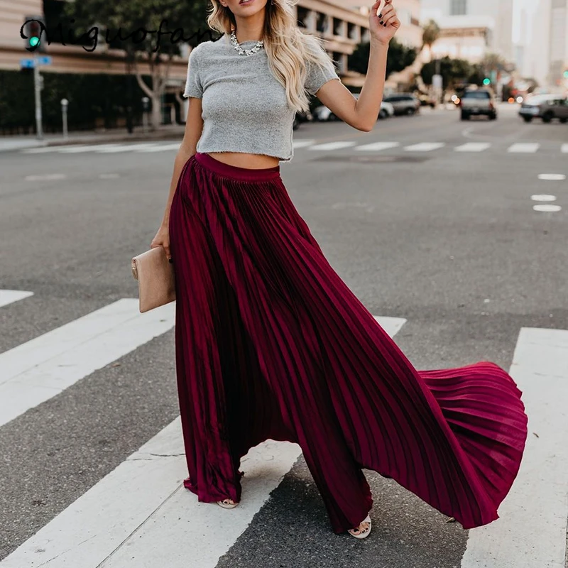 Miguofan Pleated Skirt Women High Waist Long Skirts Loose Streetwear Solid Black White Maxi Skirts Summer Jupe Femme