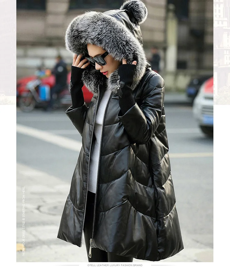 Женское зимнее пальто с натуральным лисьим мехом, новинка, Женская куртка из овечьей кожи, худи на белом утином пуху, длинная теплая женская верхняя одежда G01