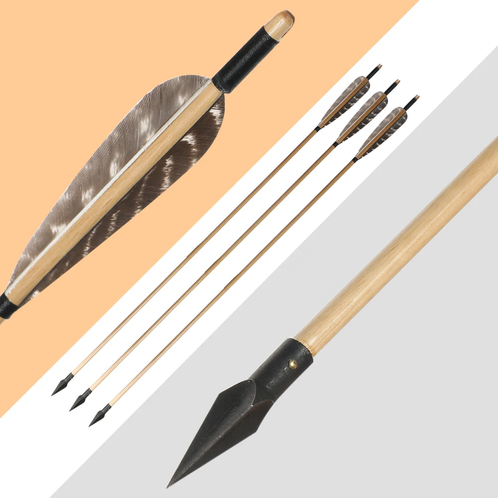 Tiro com Arco de Madeira Setas com Broadheads Real para Adulto Pena Tradicional Arco Recurvo Longbow Caça Tiro Esportes 12 Pçs Aço