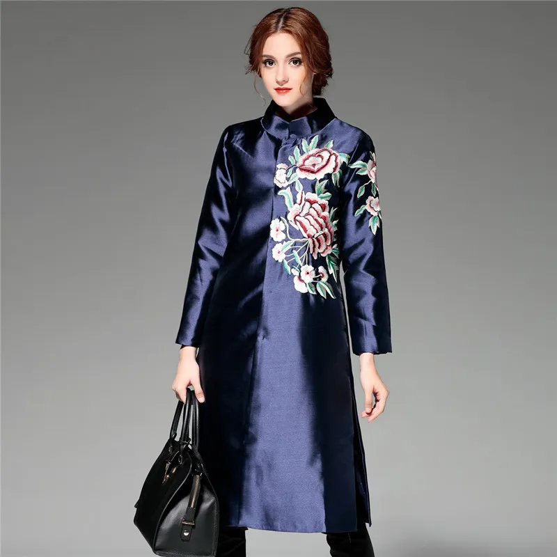 Vintage Chinese Style Women Long Trench coat,floral Embroidery Single
