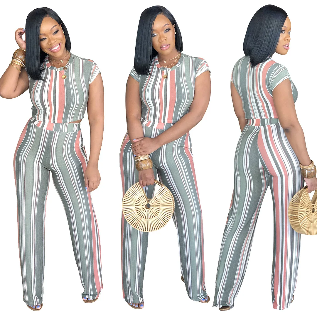 

2019 New Arrival Short Sweet Pullover O-neck Regular Elastic Waist Regular Striped Full Length Women's Set