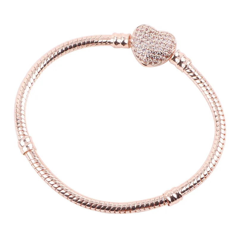 16-21 см Высокое качество розовое золото сердечко серебряного цвета CZ проложить змея цепи браслет для женщин подходит Pan браслеты ювелирные изделия