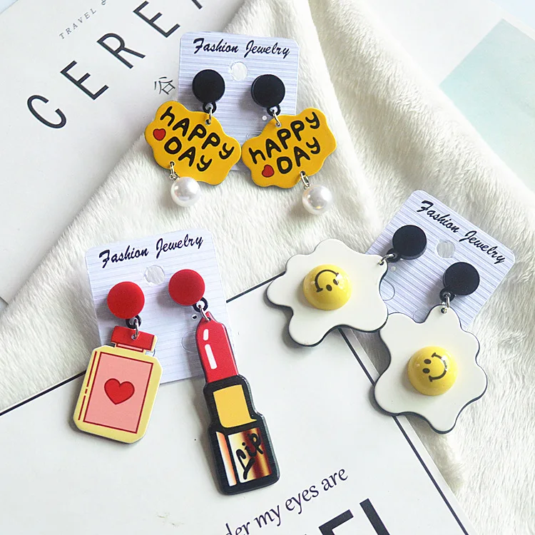 

7Styles Lovely Drop Oil Earring Women Cute Fruit Vegetable Heart Egg Shape Lemon Cup Dangle Earrings Funny Fashion Accessories