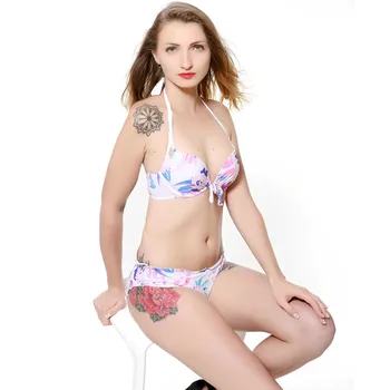

Hot Bohemia Bikini set Girl's sexy Printed multi-colors Floral Swimsuit beach bathing suit Halter padded push-up bra&lacy bottom