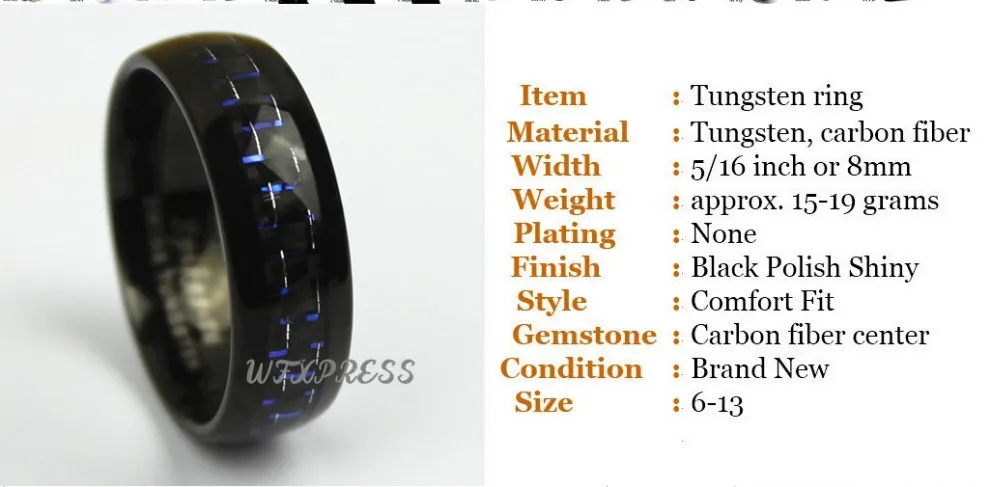 8 мм черное и синее вольфрамовое кольцо с углеродным волокном Мужская обручальное кольцо ювелирные изделия