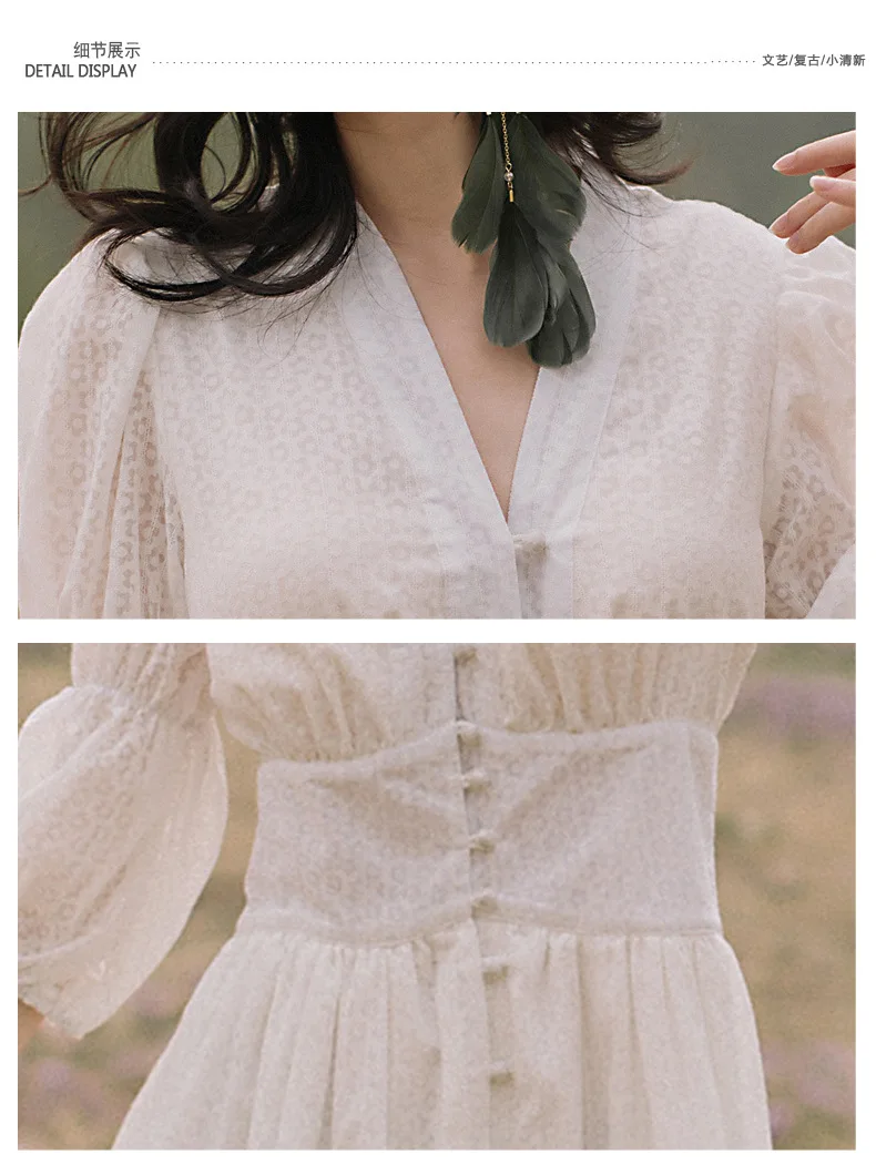 Ubei французский суд винтажное платье модное пышные рукава сказочное белое платье женское с v-образным вырезом длинное платье