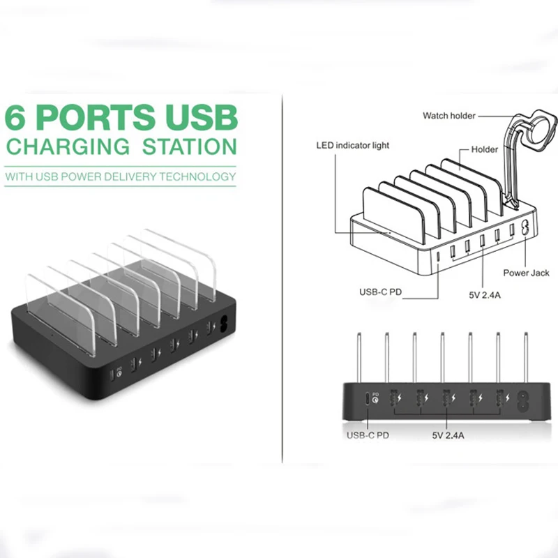 90 Вт мульти 6 портов Универсальный Съемный Usb зарядная станция Подставка держатель настольное зарядное устройство для мобильного телефона планшета