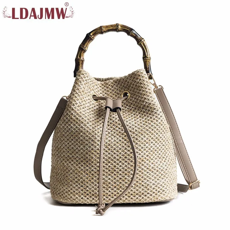 

LDAJMW Women Straw Bag Bucket String Bag Summer Beach Crossbody Bags High Quality Luxury Handbags Designer Bamboo Handle Totes