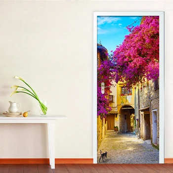 

Romantic Town Street 3D Wall Door Sticker Living Room Restaurant Pastoral PVC Self-Adhesive Waterproof Door Decal Home Decor 3 D
