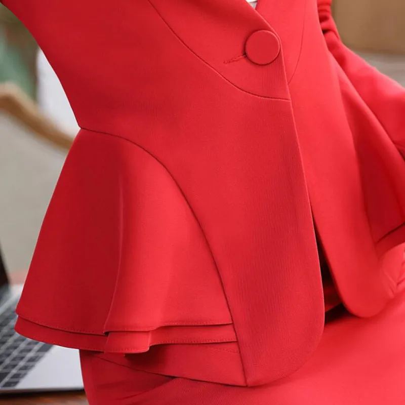 Fashion Elegant Red Women Blazer New Winter Formal Business Ruffles Slim V Neck Jacket Office Ladies Work Coat 5