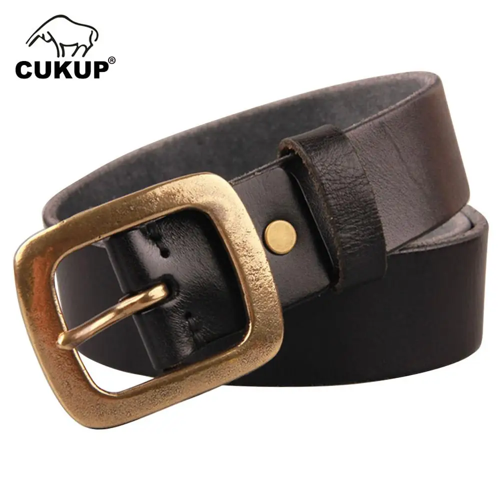 CUKUP Men's Top Quality Cow Skin Leather Belts Unique Retro Styles Brass Pin Buckle Metal Belt for Men Accessories 2022 NCK451