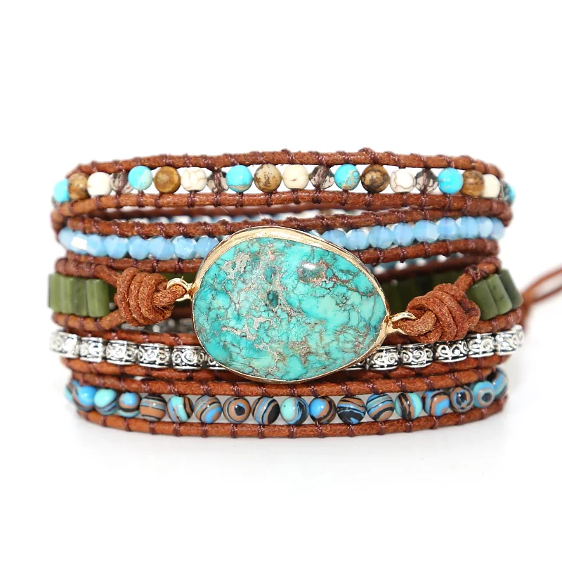 

2019 Natural Stones 5 Layers Leather Bracelets for Women Punk Men's Wrap Bracelet Jewelry