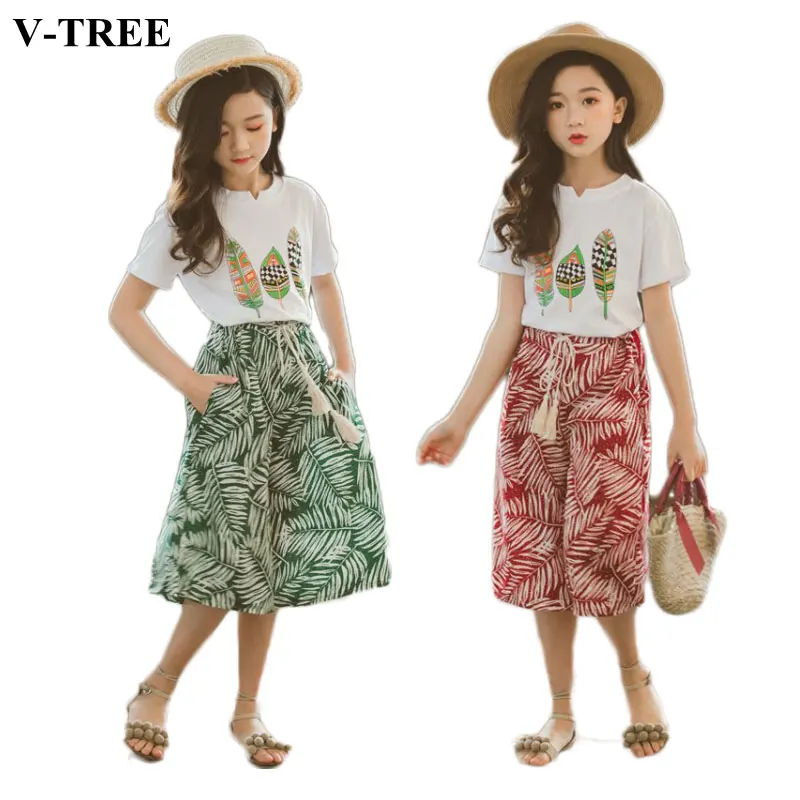 

Girls Summer Suit 2019 Children T-shirt+wide Leg Pants Clothing Sets Casual Girls Clothes Sets Teenager Sports Suits Costume