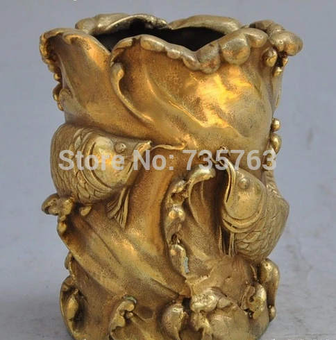 

xiuli 001918 Dynasty Palace bronze copper goldfish fish Pen Holder Bottle Vase Statue