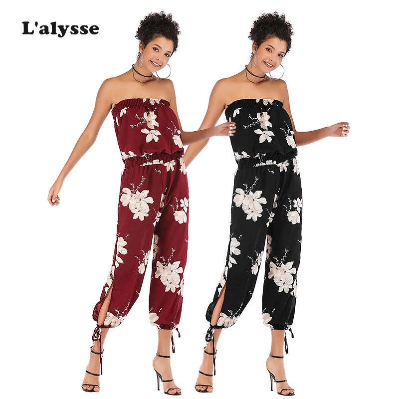

LALYSSE Summer Women Jumpsuit Ankle-Length Pants Print Chiffon Bodysuits Slash Neck Off Shoulder Sexy Slim Jumpsuit Casual New