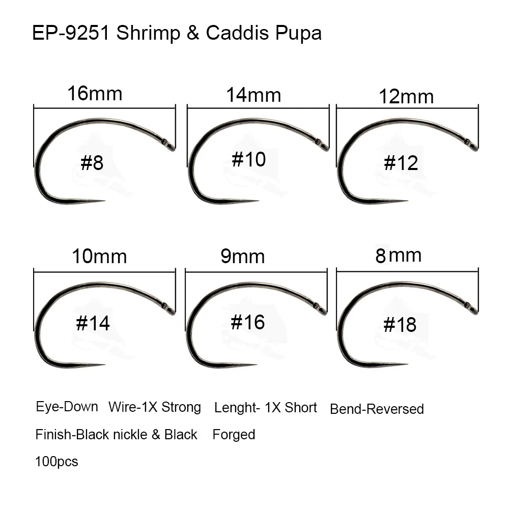 100 шт. Eupheng Plus, лучшие рыболовные крючки, рыболовные крючки для соревнований, рыболовные крючки, сухие Nymph Strimp& Pupa& Larva, рыболовные крючки - Цвет: Shirmp fly hook 9251