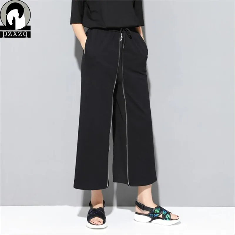 Летние штаны длиной до щиколотки, шаровары, комбинированные шифоновые штаны с молнией и эластичной талией, черные широкие штаны, капри или юбка