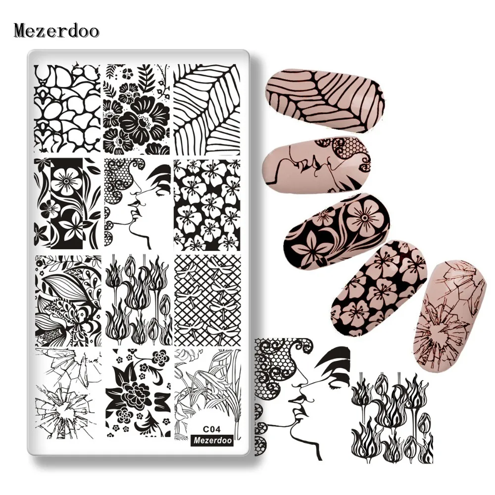 Nail Art Rectangle Stamping Template Kiss lovers Flower Butterfly Manicure Image Plate DIY Nail Painting C04