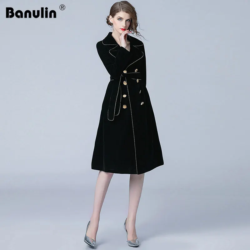 Goede Banulin Nieuwe Herfst Winter Zwart Fluwelen Trenchcoat Vrouwen Notched Kraag Double Breasted Met Riem Dikke Warme Windjack Uitloper