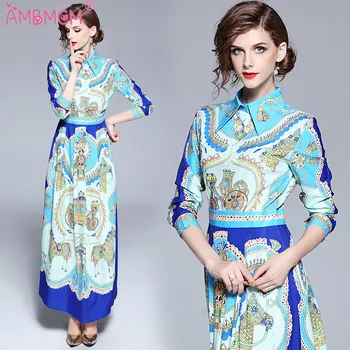 

AMBMCM Autumn Fashion Women Dresses Runway Dress Women's Long sleeve Vintage Retro Floral Print Elegant Long Dress Party Dress