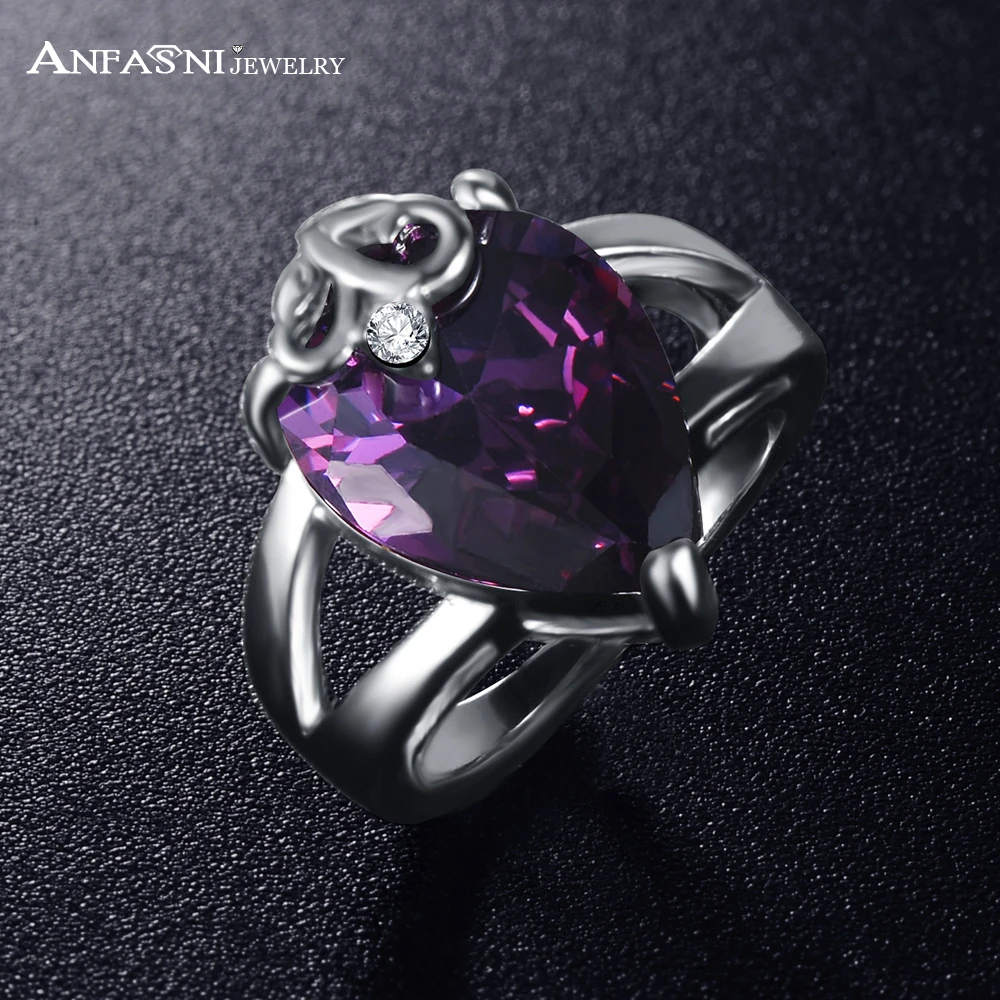 

ANFASNI Exquisite Ring Silver Color Prong Setting Simulated Purple Gem Ring With SWA Stellux Austrian Crystal CRI0063-B