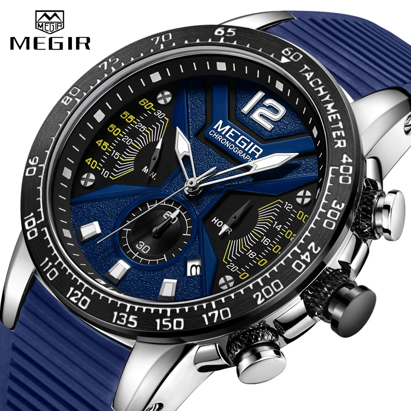 2021 New MEGIR Watch Men Luxury Brand Silicone Sport Chronograph Quartz Clock Mens
