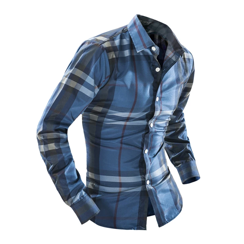 2016 Fashion Men Shirts Spell Plaid Square Collar Long Sleeved Shirts