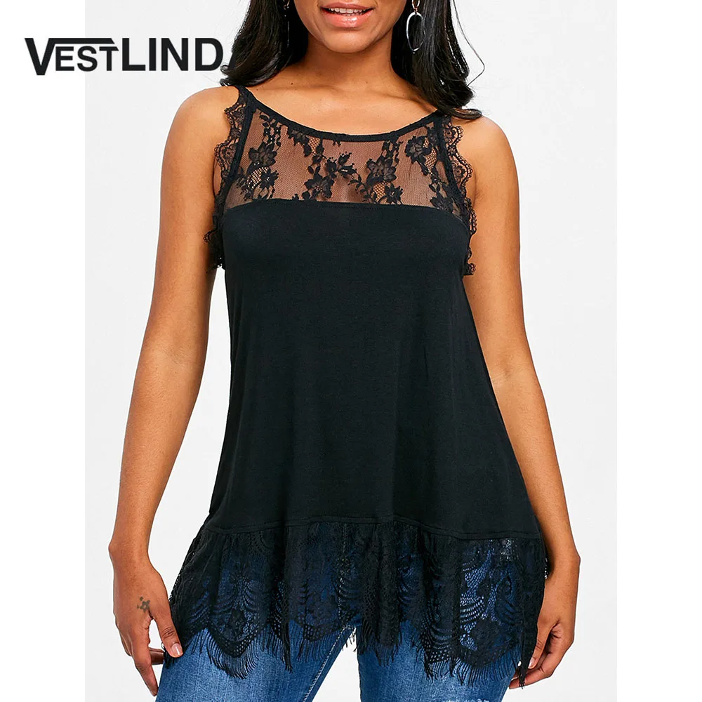 

VESTLINDA Fitted Tank Top With Lace Black Tank Top Women Clothing Summer 2018 Sleeveless Top Femme Fashion Casual Ladies Tanktop