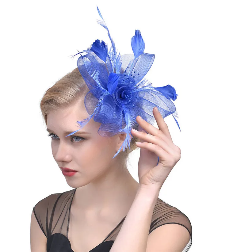 Дизайн женские элегантные сетчатые с цветочным пером Fedoras леди чародей заколки для волос шляпа для формальной вечеринки 80612 - Цвет: BU