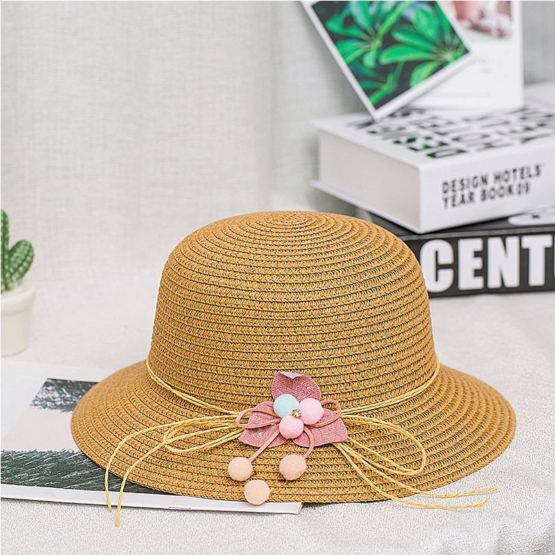 

Children's straw hat outdoor sun visor hat girl flower bow straw hat beach dome cute hat