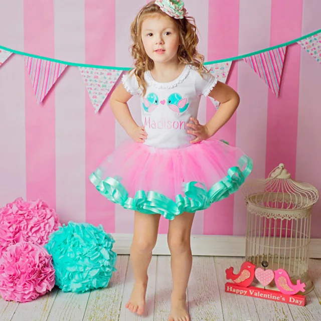 Cute girls tutu skirts baby 3layers pink tulle pettiskirts with aqua