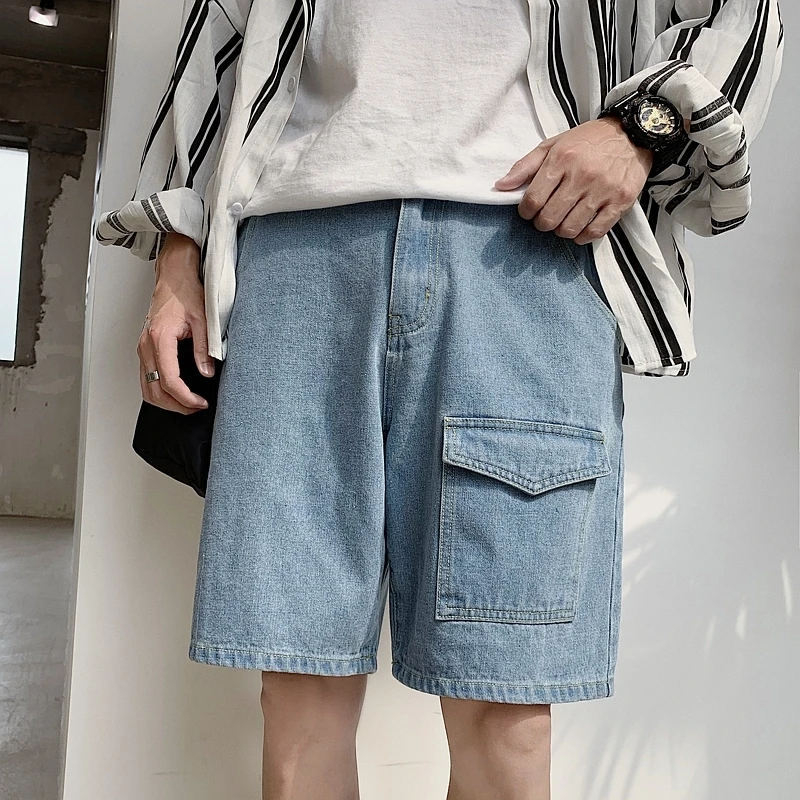 Летние корейские мужские повседневные свободные однотонные ковбойские шорты с карманами длиной до колен, джинсовые прямые джинсовые брюки, мужские M-3XL
