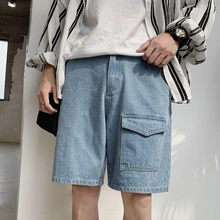 Летние корейские мужские повседневные свободные однотонные ковбойские шорты с карманами длиной до колен, джинсовые прямые джинсовые брюки, мужские M-3XL